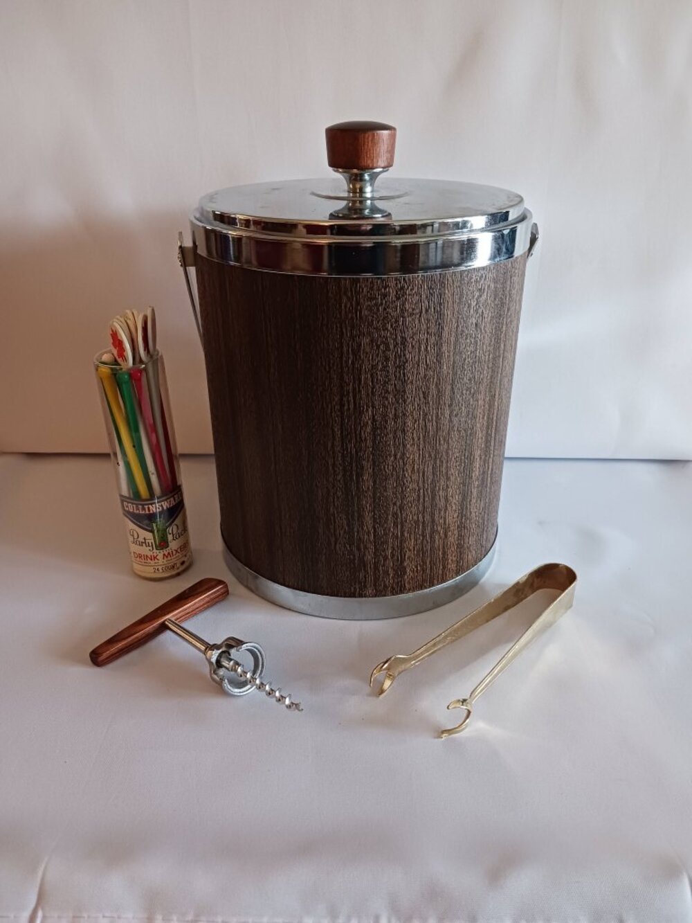 11” Kromex MCM Ice Bucket – Featuring a Faux Walnut Wood-Grain Finish